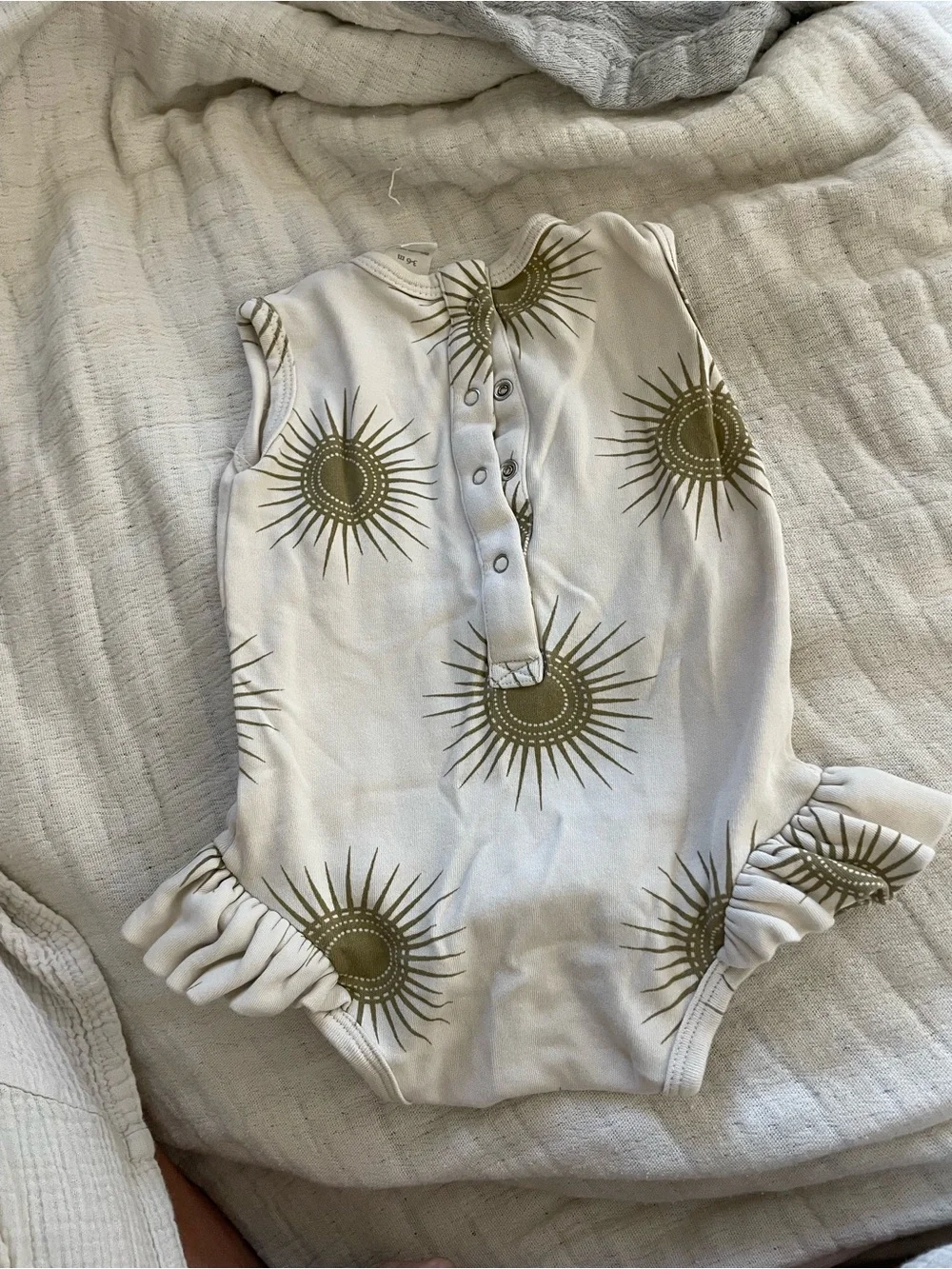 kate quinn Cream One-Piece Romper with Gold Sunburst Print